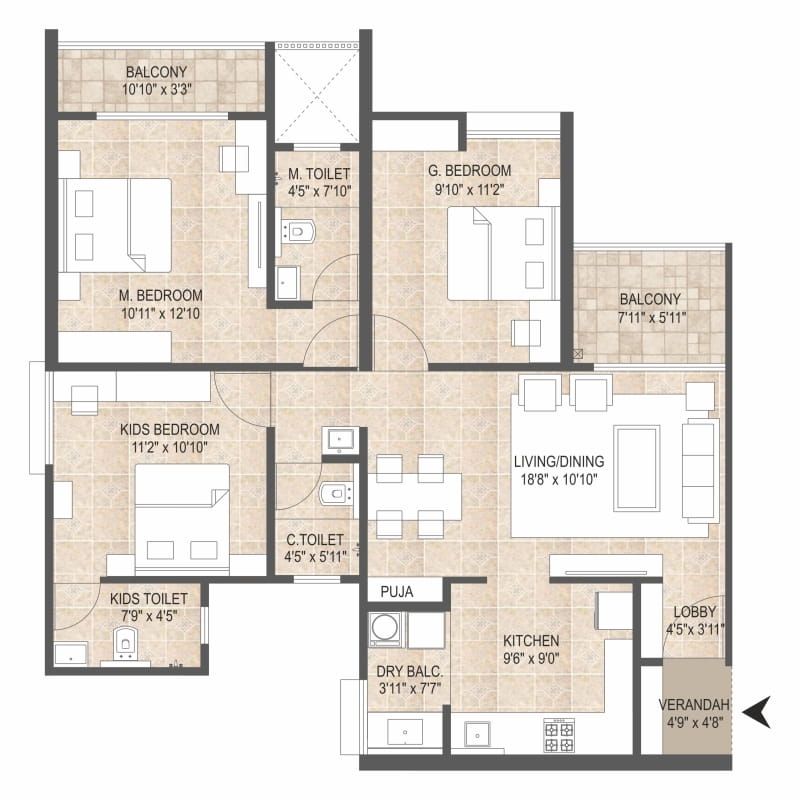 Mangalam Starview Kiwale 3 BHK Floor Plan